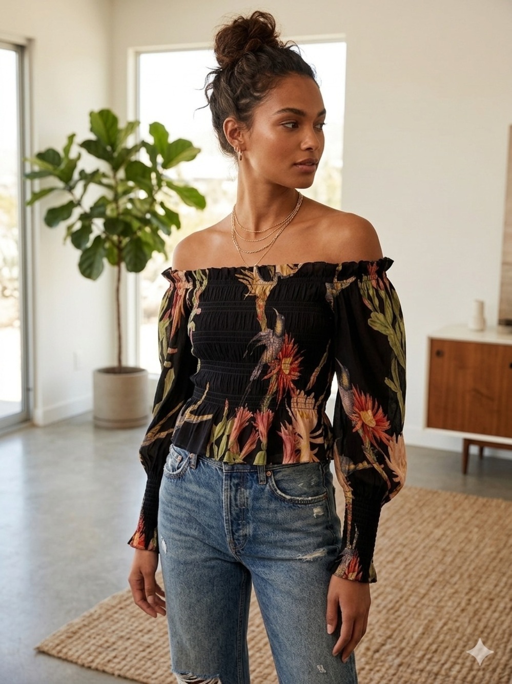 All Saints Lara Nolina floral black boho whimsy-goth smocked bodice top size 2.
